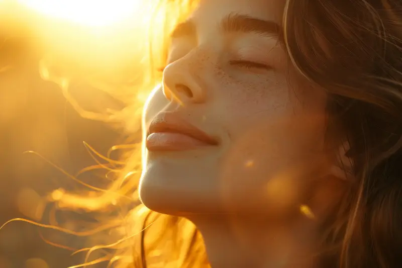 Blissful woman with golden sunrise behind her