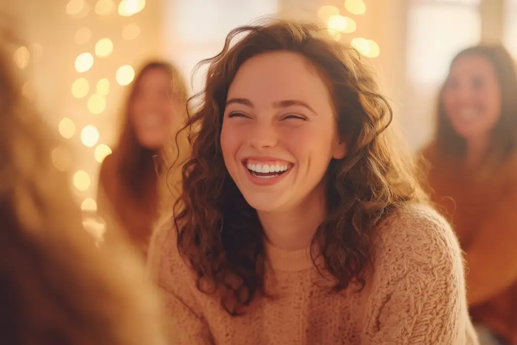 Person smiling in a group setting representing presence, joy, and being in the moment.