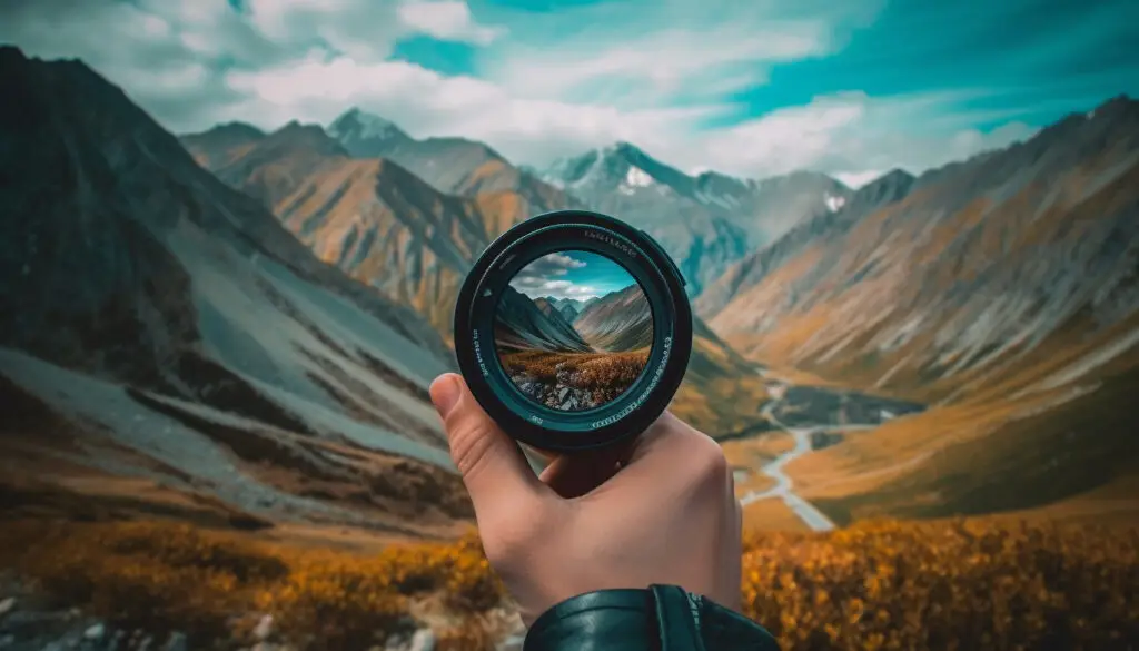 Camera held over a mountain landscape representing focus, direction, and mindful awareness.