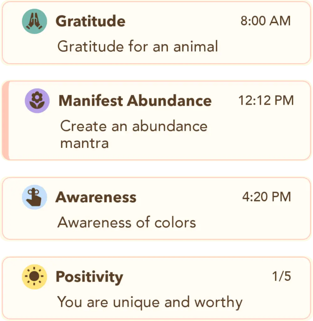 Sparkle Revolution daily prompt schedule showing gratitude, awareness, positivity, and reminder times.