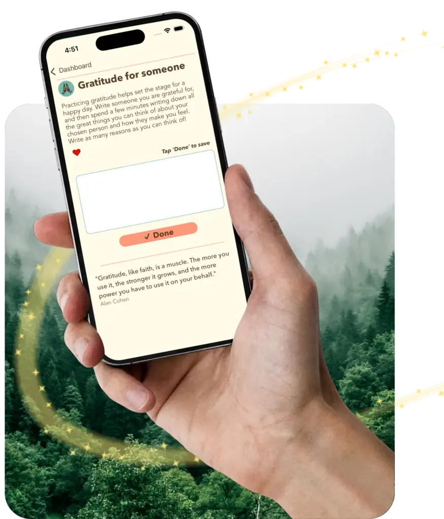 Sparkle Revolution app screen showing a gratitude prompt on a phone for a three-minute daily reflection practice.
