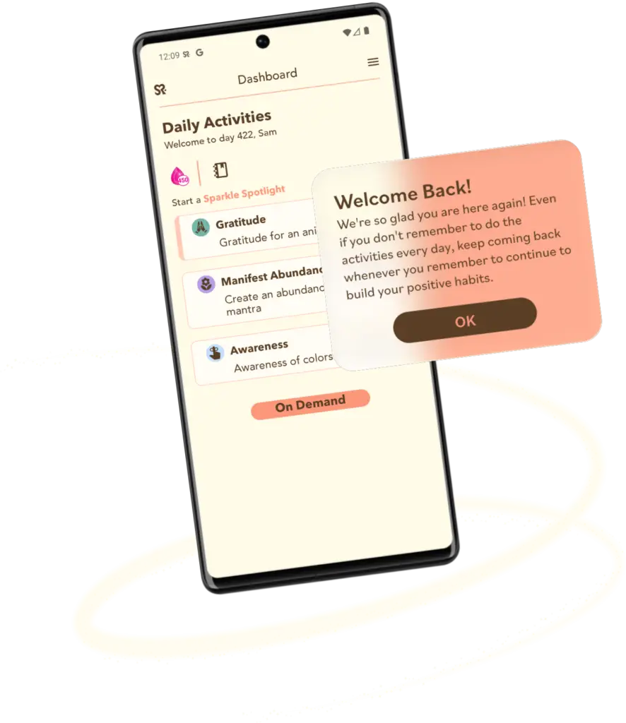 Sparkle Revolution app dashboard showing daily reflection prompts for gratitude, awareness, and mindful practice.