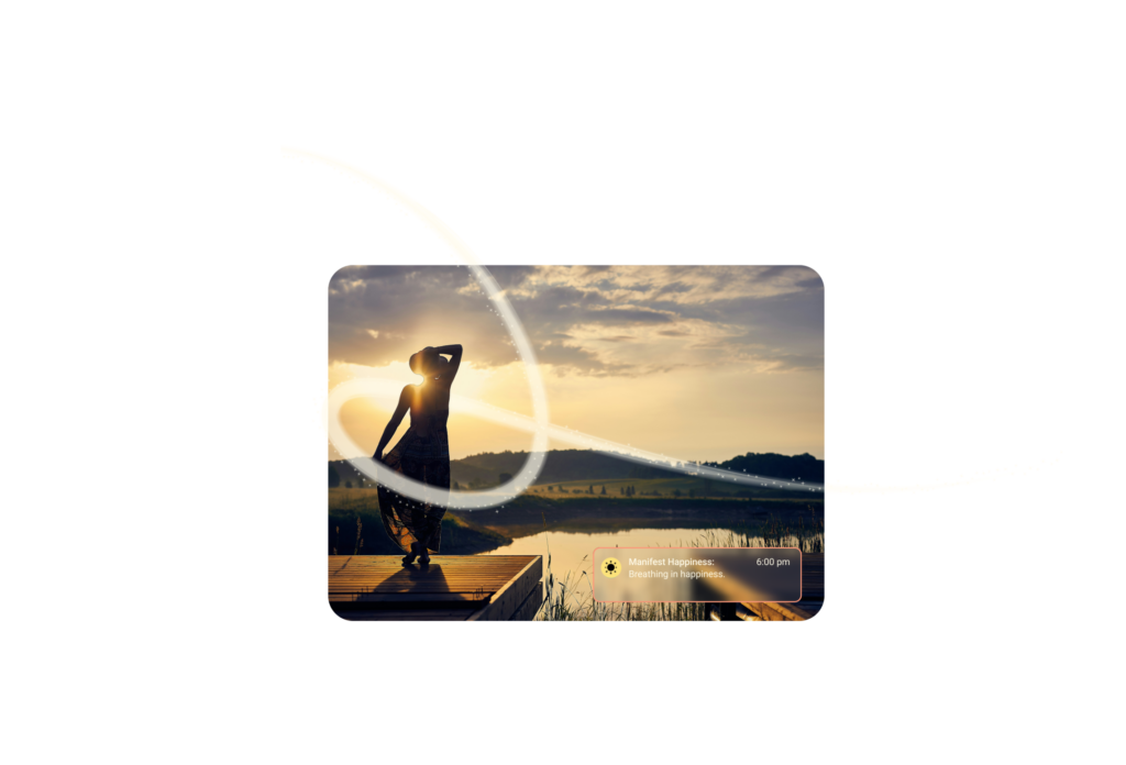 Person standing by a lake with a Sparkle Revolution prompt, representing daily reflection and app growth.